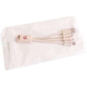 A square-shaped wheat straw charging cable in a clear packaging, featuring multiple USB connectors. The cable is beige.