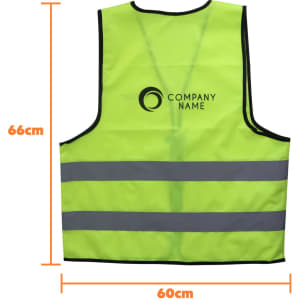 A bright yellow unisex hi-vis vest featuring horizontal reflective tape and a logo. Dimensions are 66cm by 60cm.