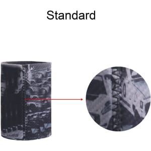 A stubby holder with a black and grey design, featuring a fabric-like texture and a visible seam.
