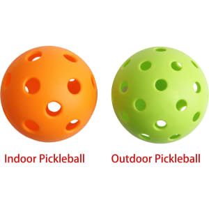 Two pickleballs, one orange for indoor use and one green for outdoor use, featuring multiple holes.