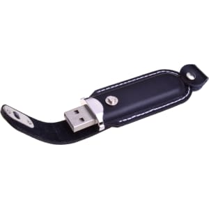 A black flash drive with a sleek leather cover and a silver connector, featuring a branding logo.