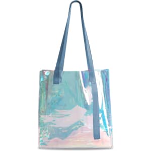 A clear PVC tote bag in iridescent colours with blue handles, featuring a logo on the front.