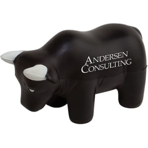 A black bull-shaped stress reliever with white horns and a logo on the side.