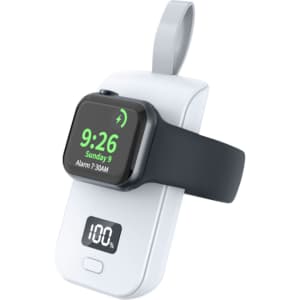 A white portable power bank with a display, designed to charge an Apple Watch, featuring a black watch band.
