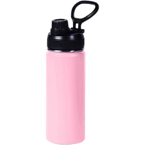 A drink bottle in pink stainless steel with a black cap and carry handle, featuring a brand logo.