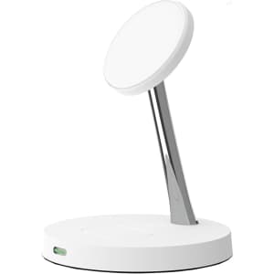 A white Magsafe 2-In-1 wireless charger with a sleek stand and a circular charging pad on top.