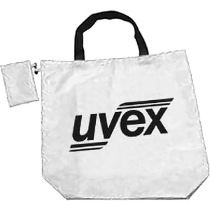 A white foldaway shopping bag with black handles and a small clip-on pouch, featuring a logo.