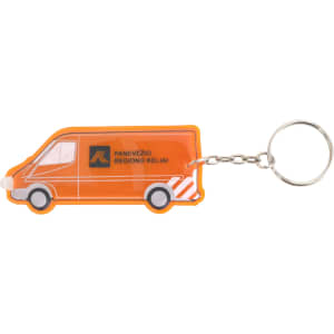 An orange PVC keyring in the shape of a van, attached to a metal keychain. It features a logo on the side.