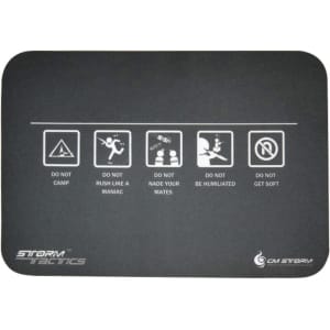 A black mouse mat featuring various icons and text instructions, along with a logo in the corner.