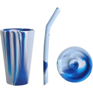 A drink bottle in blue marbled silicone, featuring a tumbler, straw, and lid with a logo.