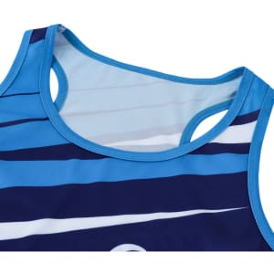 A sports singlet with blue and navy stripes, featuring a breathable design and a logo.