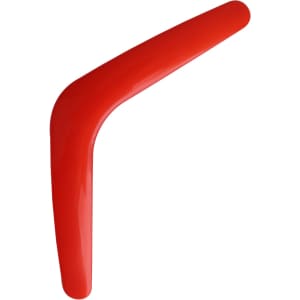 A bright red V-shaped boomerang toy with a glossy finish, designed for throwing and catching.