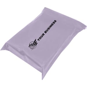 A purple self-sealing plastic mailing bag featuring a logo and branding for business use.