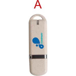 An eco-friendly flash drive in a light beige colour with a blue logo and silver detailing.