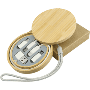 A bamboo circular cable kit featuring multiple charging cables and a USB connector, all housed in a stylish bamboo case.