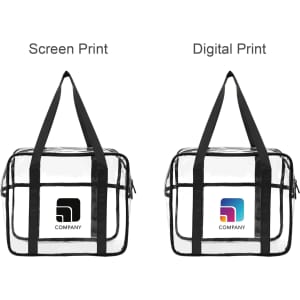 A clear tote handbag with black handles, featuring two different print designs on the front.
