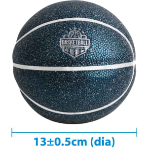 A mini basketball in dark blue with white seams, featuring a logo. Diameter measures approximately 13 cm.
