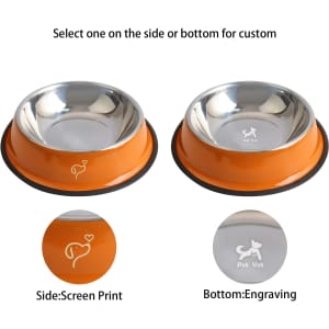 A pet feeding bowl with an orange base and stainless steel interior, featuring a logo on the bottom and customizable options.