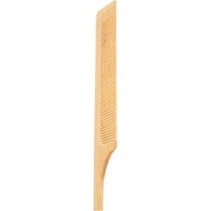 A bamboo rat tail comb in a light natural wood colour with fine teeth and a tapered end. It has a simple design.