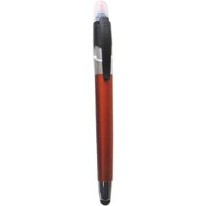 A ball pen with a highlighter tip, featuring a sleek red body and a black stylus end, includes a logo.