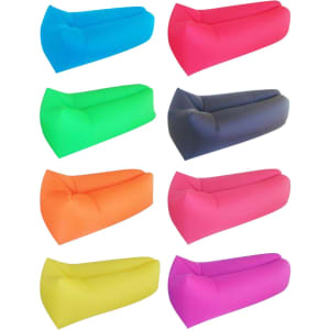 An assortment of inflatable lazy beds in vibrant colours: pink, green, orange, blue, and yellow, arranged in a grid.