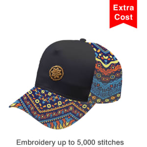 A custom cap featuring a black front and a vibrant, patterned brim. Includes a logo on the front.