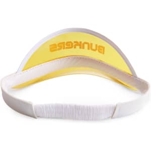 A white PVC sunscreen hat with a yellow visor and an elastic band for adjustable fit. It features a logo.