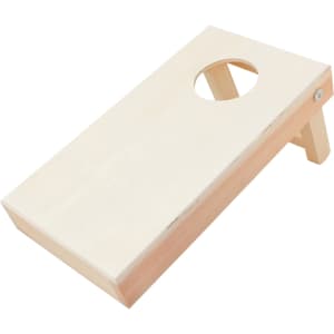 A wooden Mini Cornhole Game Board in a natural finish, featuring a hole and an angled stand.