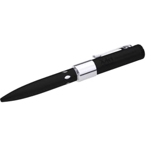 A black pen with a sleek design, featuring a silver clip and a branding logo on its body.