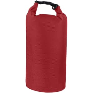 A red Oxford cloth dry bag with a securing clip at the top. It features a textured surface and a rounded shape.
