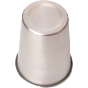 A stainless steel cup with a smooth finish, featuring a base and a logo on the bottom.
