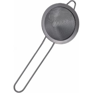 A bar mesh strainer with a circular metal frame and fine mesh, featuring two elongated handles.