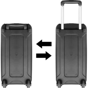 A wheeled tool bag in black with a retractable handle and wheels for easy transport, featuring a plain design.