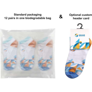 Low cut socks in a mix of blue, white, and orange patterns, packaged in a biodegradable bag.