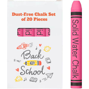 A box of 20 pieces of pink dust-free chalk, featuring a logo and various school-themed illustrations.