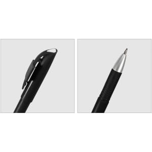 A black pen with a silver tip and clip, featuring a simple design and a logo on the body.