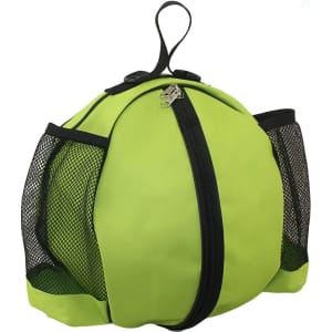 A vibrant green ball backpack featuring mesh side pockets and a zip closure. It has a sturdy top handle for carrying.