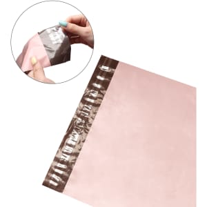 A pink self-sealing plastic mailing bag with a brown strip for easy closure. It includes a logo in the design.