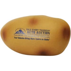 A potato-shaped stress reliever in shades of brown and yellow, featuring a logo and text on its surface.