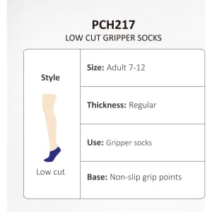 Low cut gripper socks in navy blue with non-slip grip points. Features a design for adults sized 7-12.