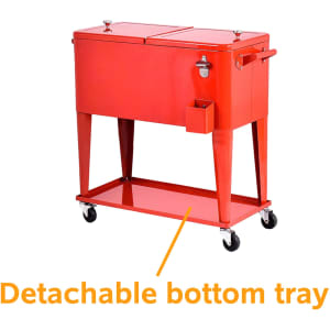A bright red cooler box trolley with a detachable bottom tray and wheels, featuring a side handle and a tap.