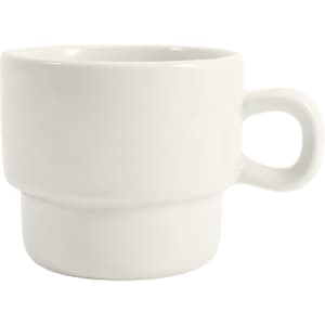 A stackable ceramic mug in white, featuring a round body and a handle. It has a smooth, glossy finish.