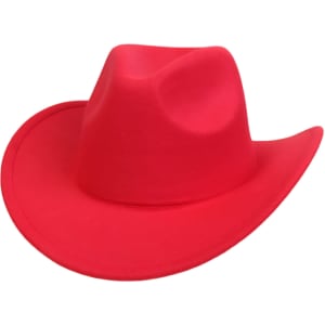 A red classic felt fedora cowboy hat with a wide brim and structured crown, featuring a simple logo.