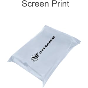 A self-sealing plastic mailing bag in a clear colour, featuring a logo or branding on the surface.