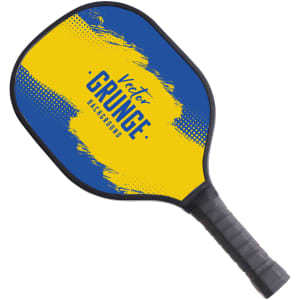 A wooden pickleball paddle with a blue and yellow design, featuring an abstract pattern and a textured handle.