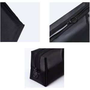 A black nylon mesh cosmetic bag featuring a zipper and multiple angles highlighting its structure.