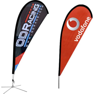 Two teardrop banners, one black with a logo and the other red with a logo, each with a base supporting the flags.