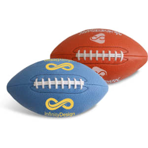 Two American footballs are displayed, one blue with white laces and one orange with white laces, both featuring a logo.