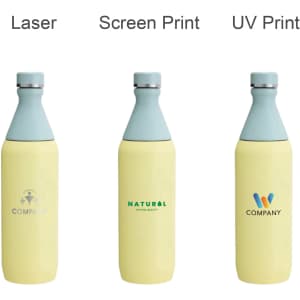 A drink bottle featuring a slim design with a yellow body and light blue lid, displaying various printing styles and logos.