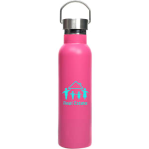 A drink bottle featuring a pink exterior and stainless steel lid, with a logo printed on the front.